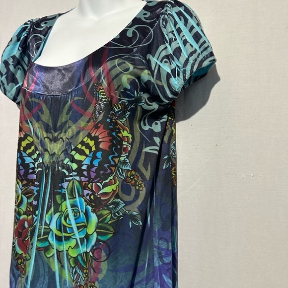 Oneworld Vibrant Blue Graphic Flutter Sleeve Tunic, L - Picture 2 of 4